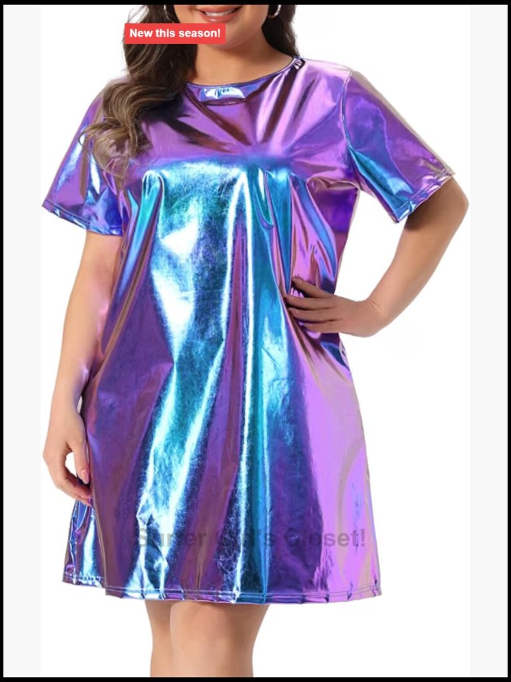 Plus Size Metallic Party Clubwear Mini T-Shirt Dress Women, Round Neck Short